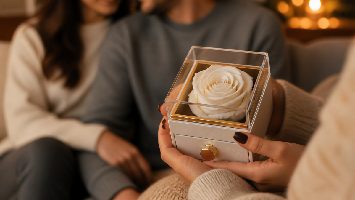 Couple opening an engraved rose keepsake gift box