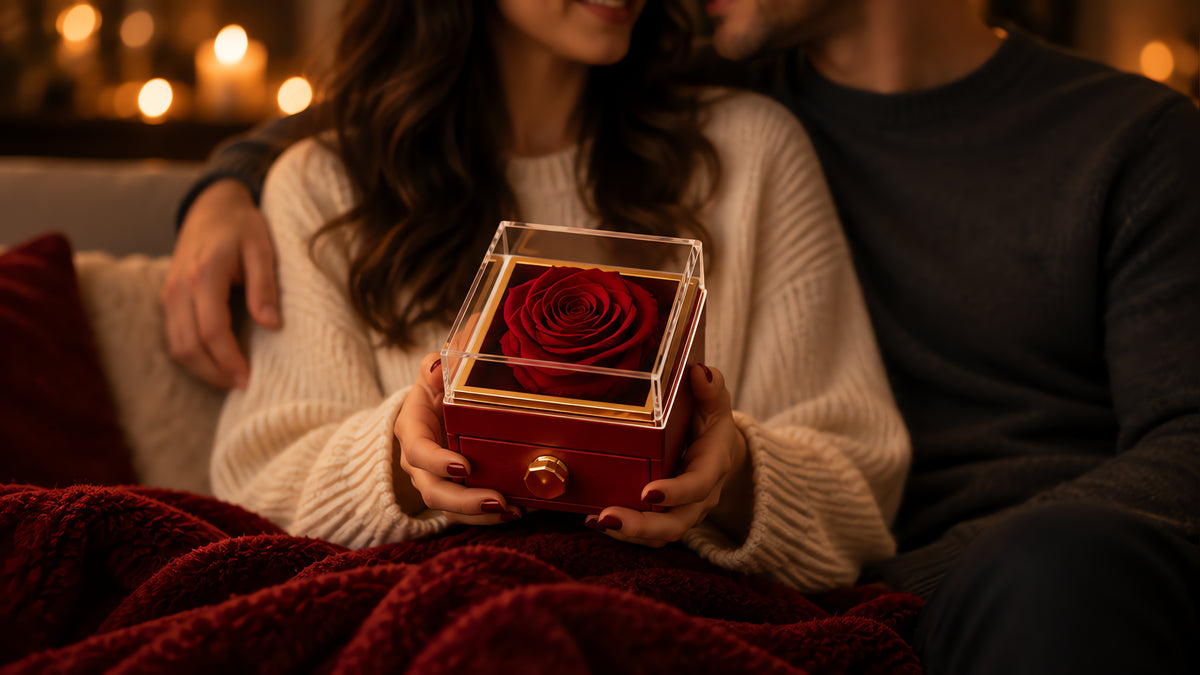 Couple opening an engraved rose keepsake gift box
